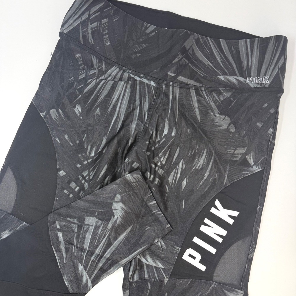 PINK Victoria's Secret Ultimate Leggings Small Black Gray Tropical Palm‎ Mesh